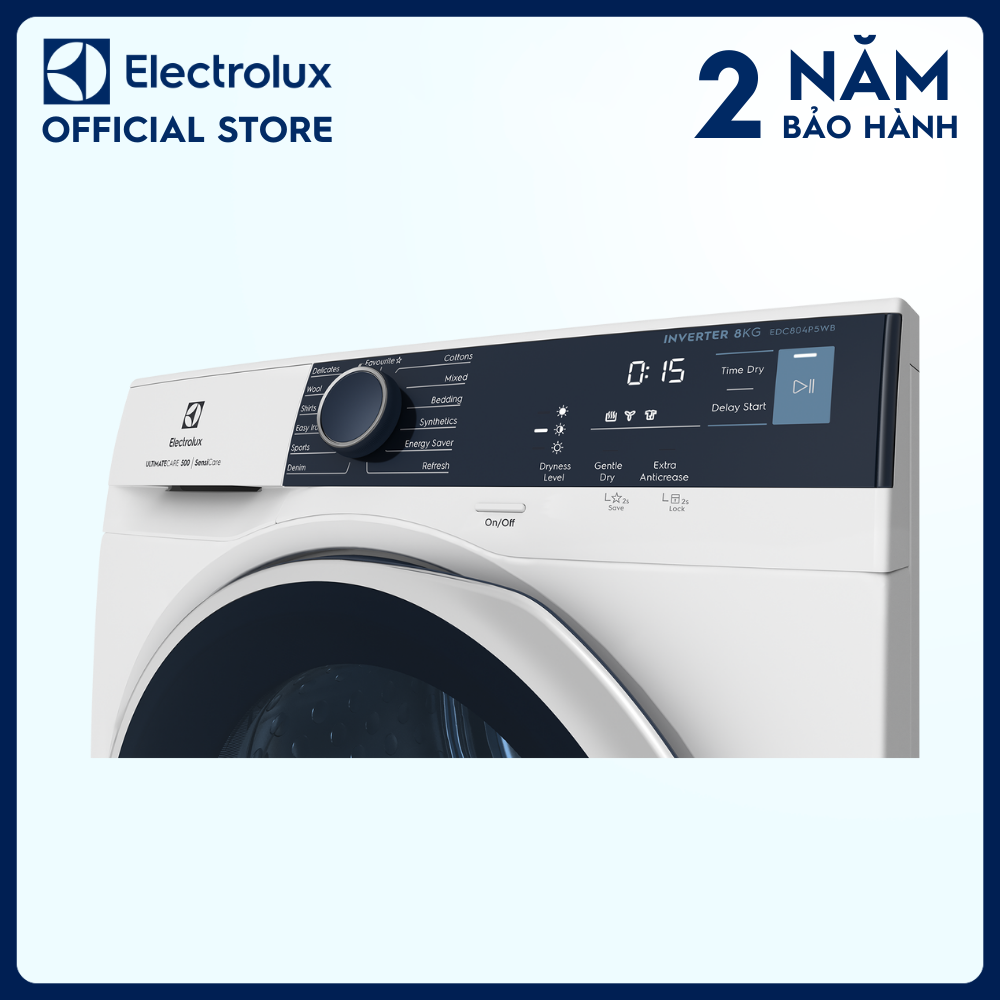 [Free Giao lắp] Máy sấy ngưng tụ Electrolux 8kg EDC804P5WB - Lồng giặt chuyển động đảo chiều, giảm nhăn, giảm phai màu, tiết kiệm, bảo vệ áo quần [Hàng chính hãng]