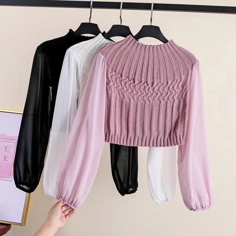 Áo dệt kim tay dài cổ tròn thiết kế thanh lịch cho phái nữ