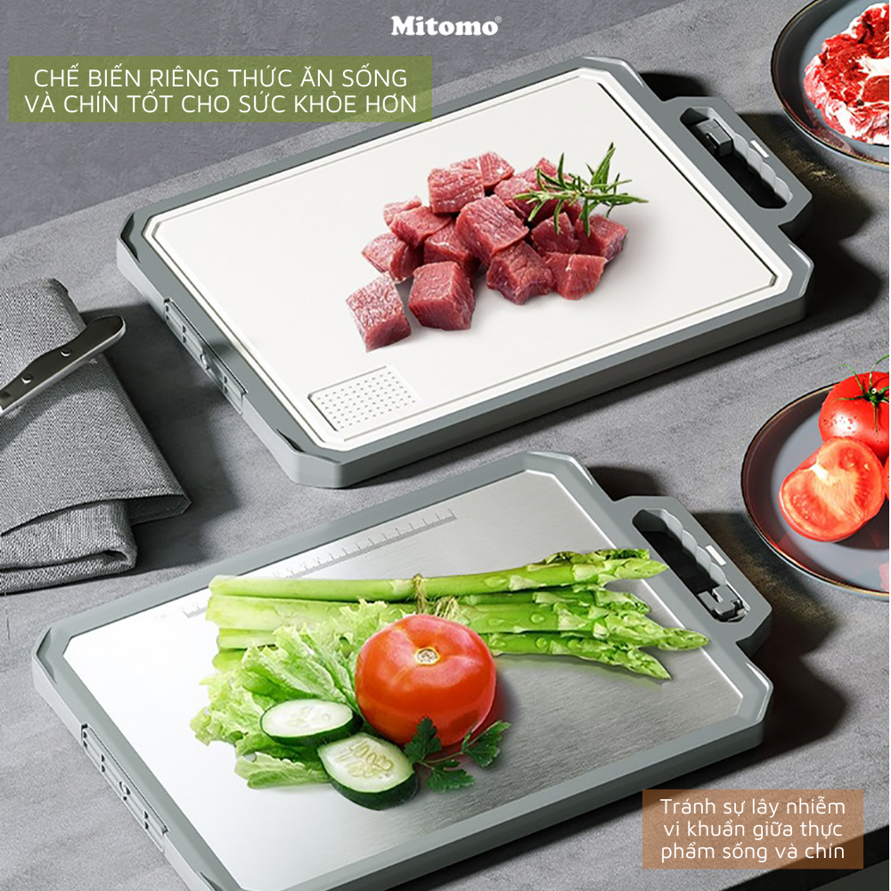 Thớt hai mặt kháng khuẩn inox 304 cao cấp, nhựa lúa mạch Mitomo MT-304PP Hàng chính hãng