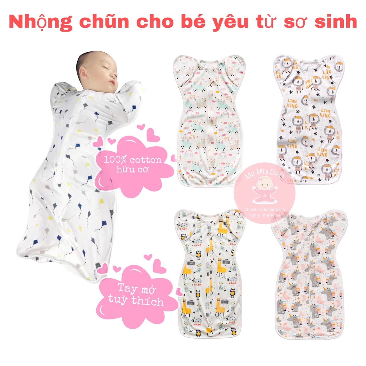 Nhộng Chũn Cho Bé - Túi Ngủ Trẻ Em Mở Tay Tùy Thích Chất Cotton Hữu Cơ Cao Cấp