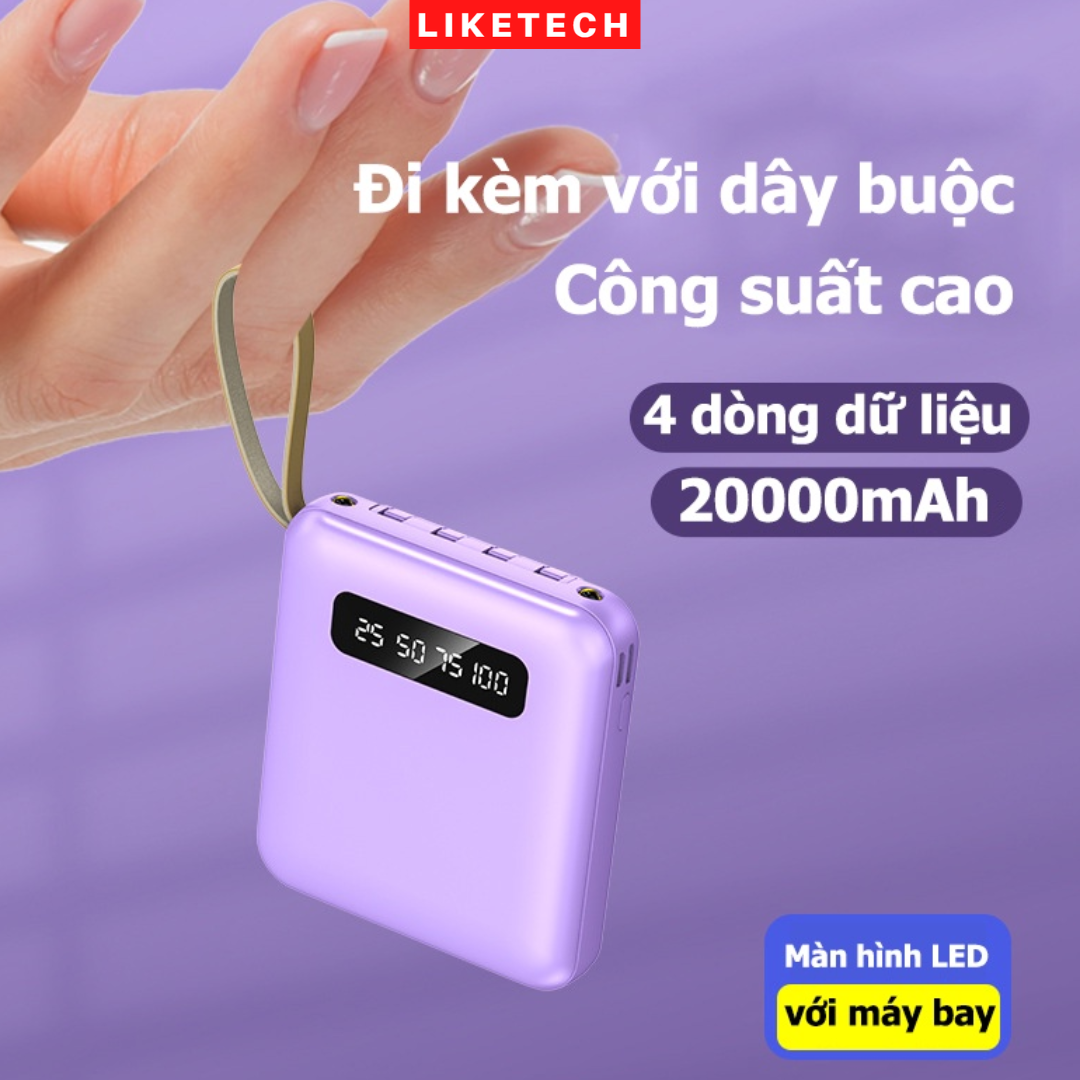 Pin sạc dự phòng 20000mAh Hỗ trợ sạc nhanh 2.1A, Tích hợp sẵn 4 đầu sạc chuyên dụng tiện lợi, kèm đèn pin ban đêm