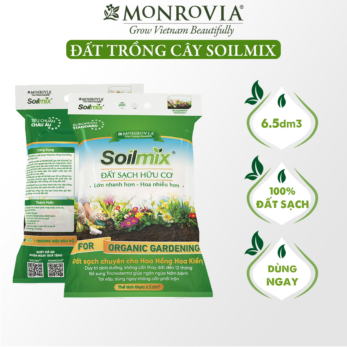 Đất trồng cây SOILMIX cho hoa hồng, cây cảnh, sen đá, rau sạch hữu cơ, bổ sung phân bón vi sinh, trichoderma, đá perlite