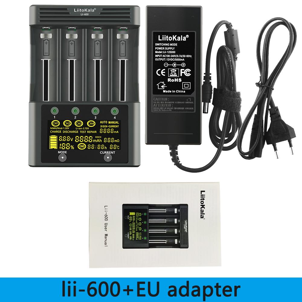Bộ sạc pin LiitoKala Lii-600 cho pin Li-ion 3.7V và NiMH 1.2V Thích hợp cho 18650 26650 21700 26700 AA AAA 12V5A Màu sắc: 1 cái