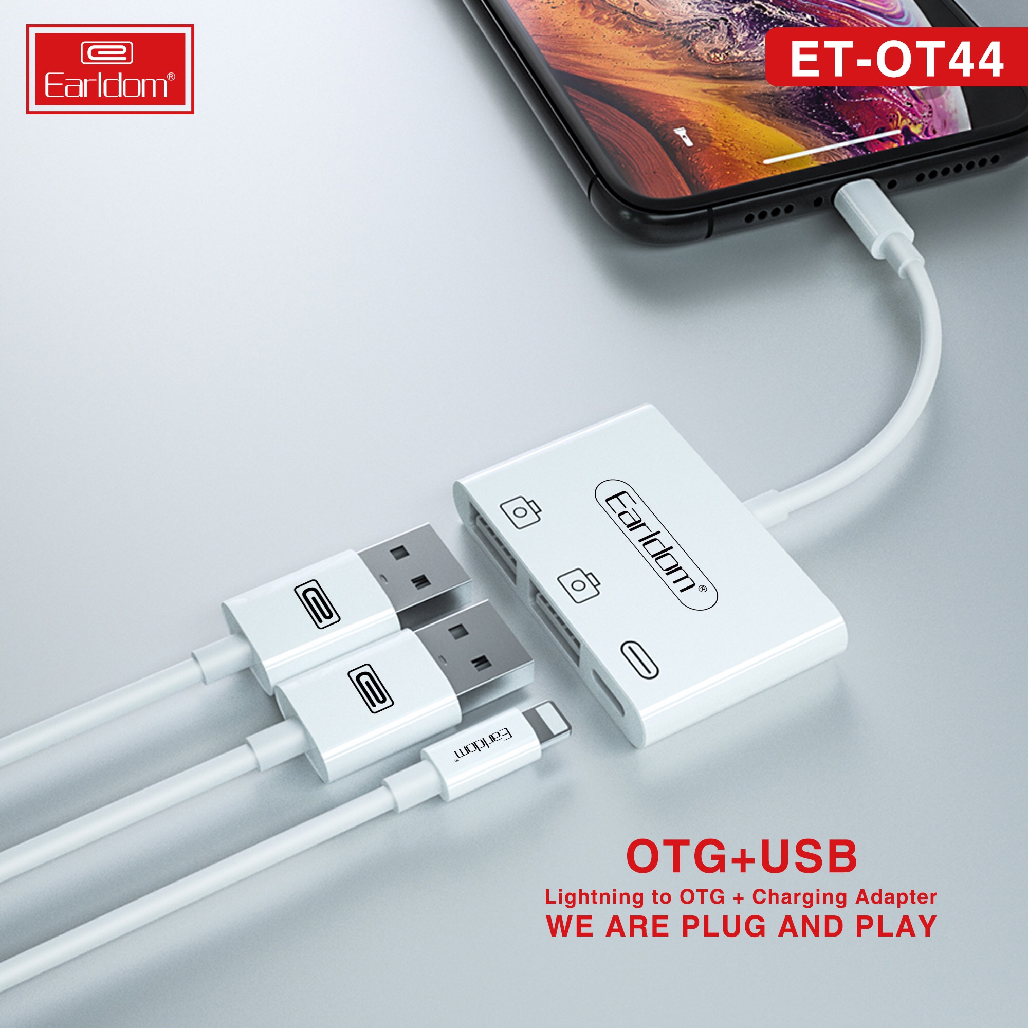 Cáp OTG Dành Cho iPhone, iPad Earldom OT44 Tích hợp 2 cổng USB và 1 Cổng Lightning - Hàng Chính Hãng