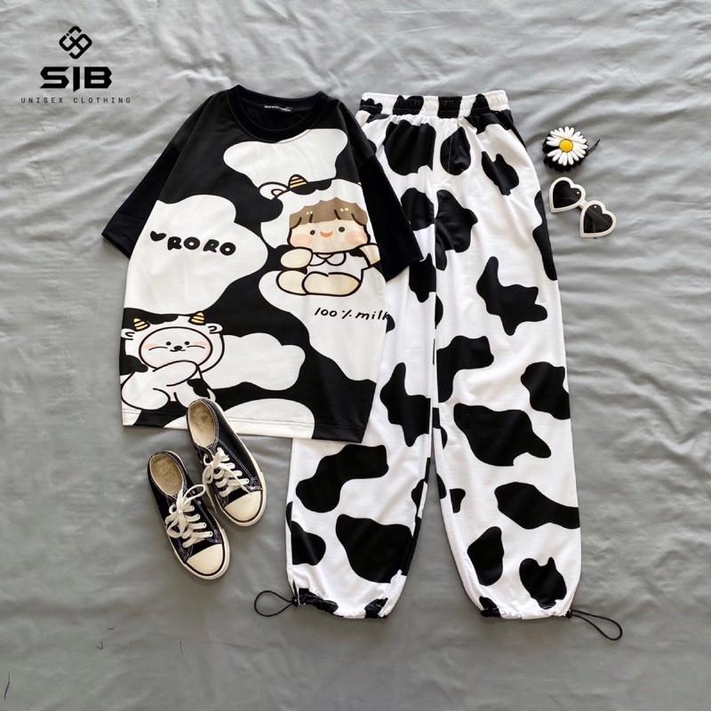Quần dài ống rộng SIB Clothing rút ống hoạ tiết bò sữa SIB005