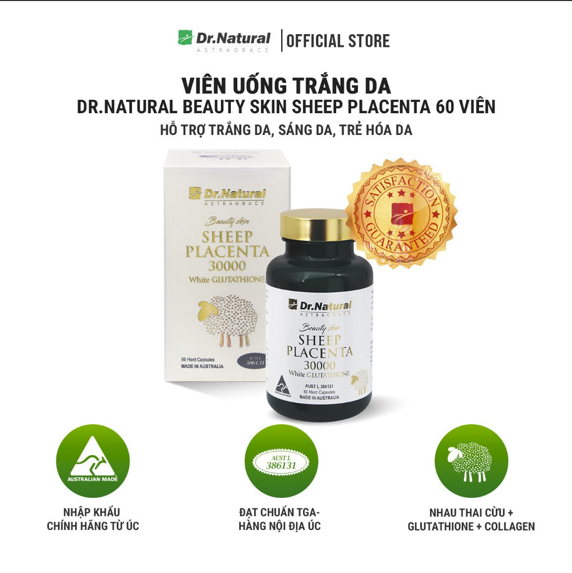 DR NATURAL BEAUTY SKIN SHEEP PLACENTA 30000 WHITE GLUTATHIONE 60 VIÊN