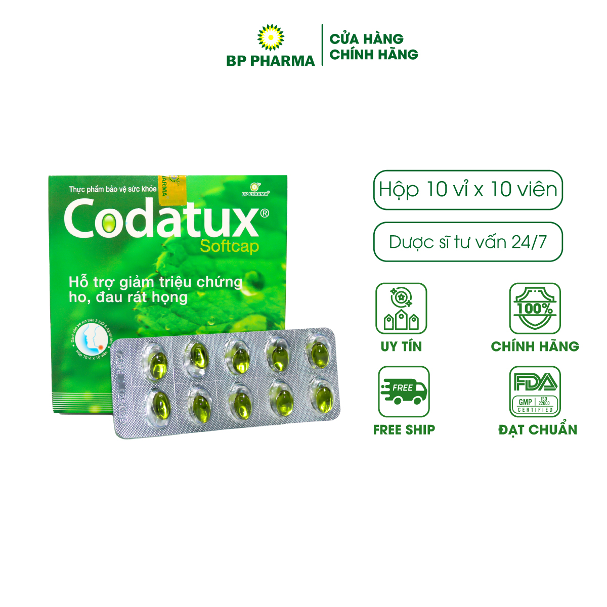 Viên Nang Mềm Xanh CODATUX Softcap Hỗ Trợ Giảm Ho, Đau Rát Họng, Khản Tiếng - Hộp 100 Viên