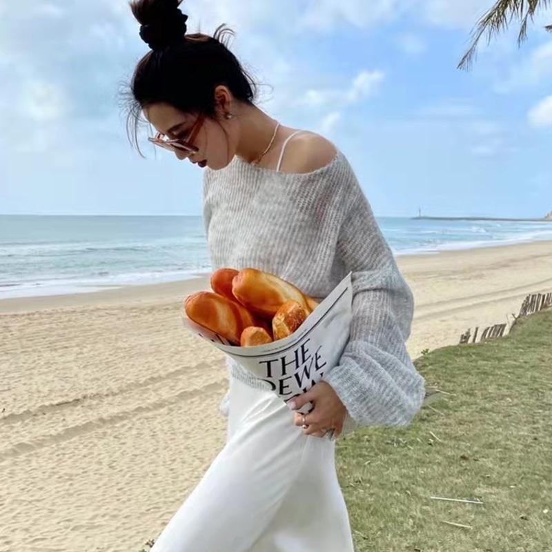 MS658 Áo len dệt kim mỏng tay phồng đi biển