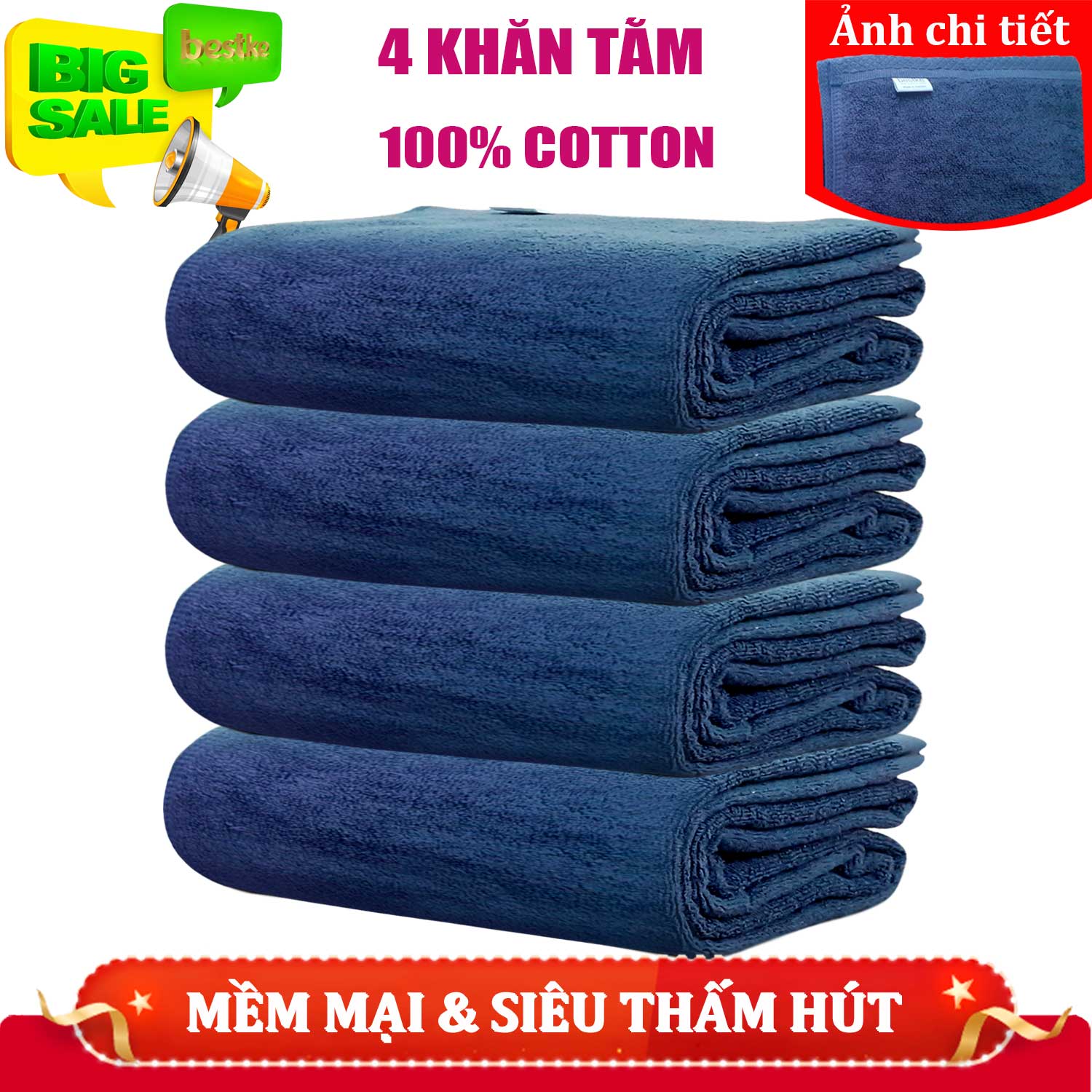 Khăn Tắm bestke 100% Cotton màu xanh đậm, Combo 4 cái 120*60cm = 320g/pcs, towels manufacturer