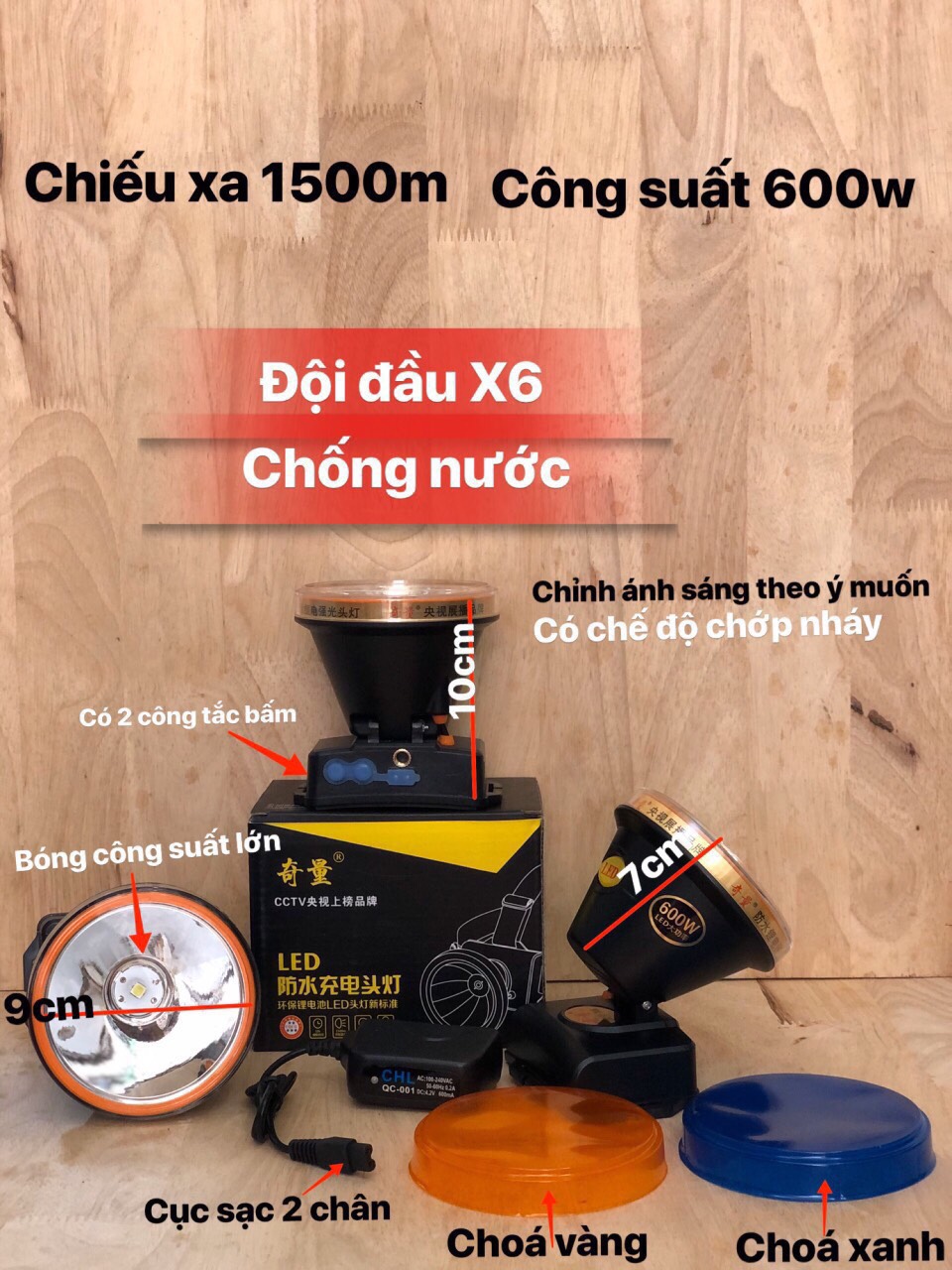 Đèn pin đội đầu chống nước X6, công suất 600W cao cấp