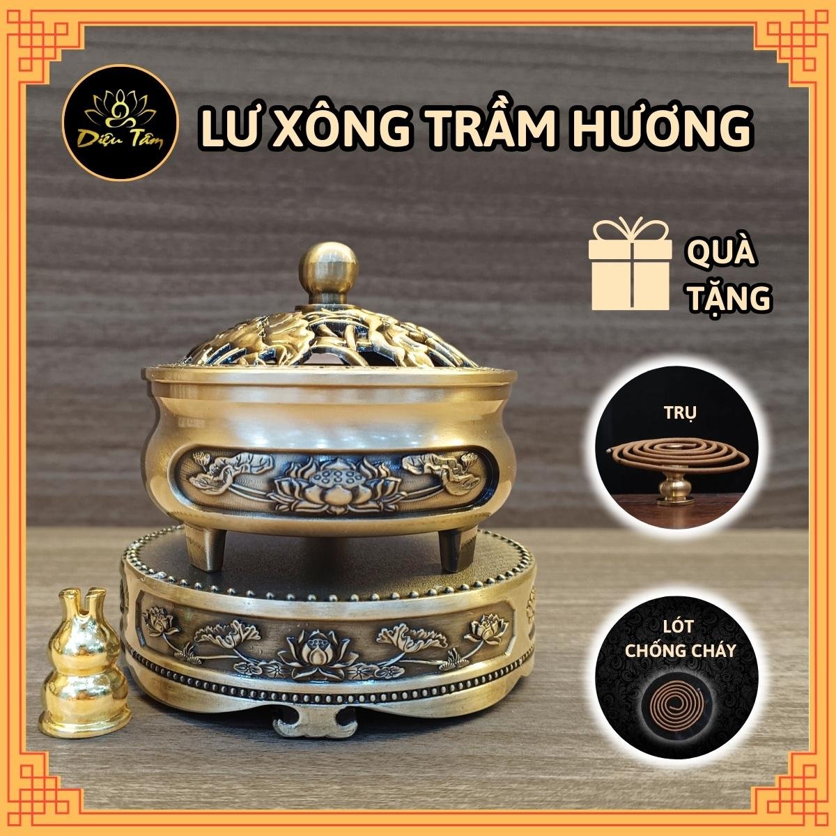 Lư xông trầm hương và đế đôn kê lư hương lư đốt trầm thay thác khói trầm hương lò xông đồ thờ cúng phong thủy Diệu Tâm