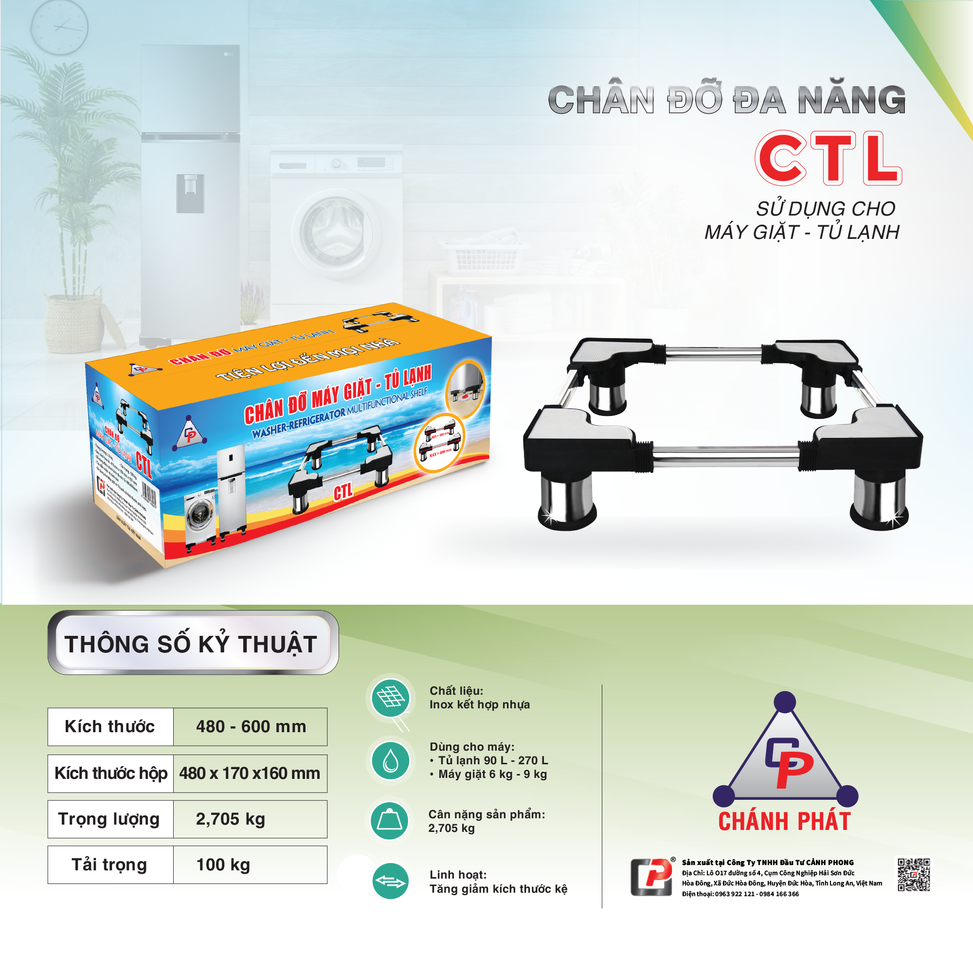 Chân đế nước lọc RO, máy giặt, tủ lạnh inox CP kích thước tư 30-77inch – Hang chinh hang – CTL 48x60cm
