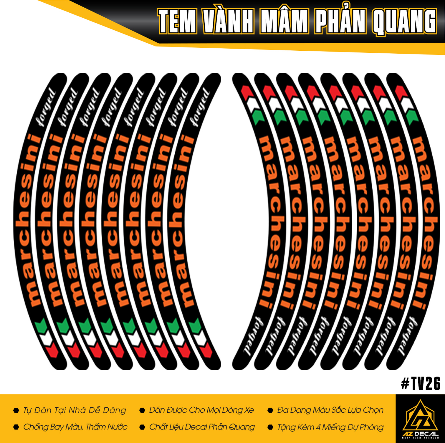 Tem Dán Mâm Marchesini Phản Quang Dán 2 Bánh Xe | TV26 | Decal Vành Dành Cho Mọi Dòng Xe Máy