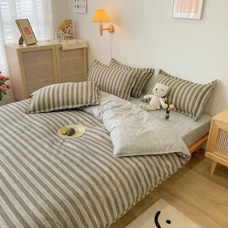 Bộ chăn ga gối Cotton poly M2T Bedding Xám sọc, vỏ chăn mền, drap nệm và 2 vỏ gối