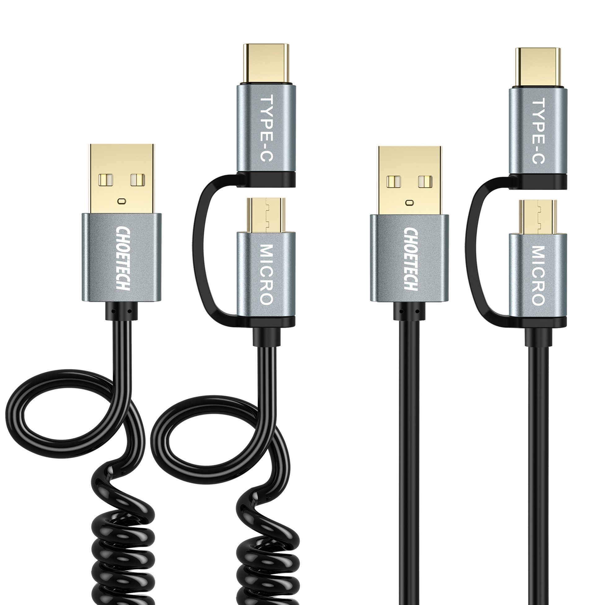 Bộ 2 Dây cáp sạc nhanh 2 in 1 Type-C và Micro USB dài 120CM hiệu CHOETECH MIX00021 (sạc nhanh 3A, sạc nhiều thiết bị, chip sạc thông minh, 1 dây lò xo &amp; 1 dây thẳng) - Hàng chính hãng