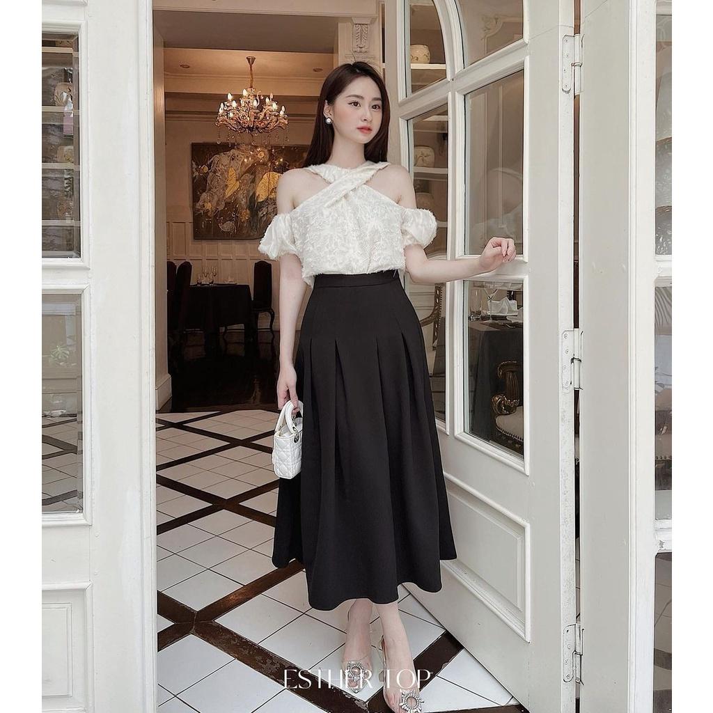 Áo trễ vai tay bồng chất tơ hoa Áo kiểu nữ cổ yếm xoắn A-CY4