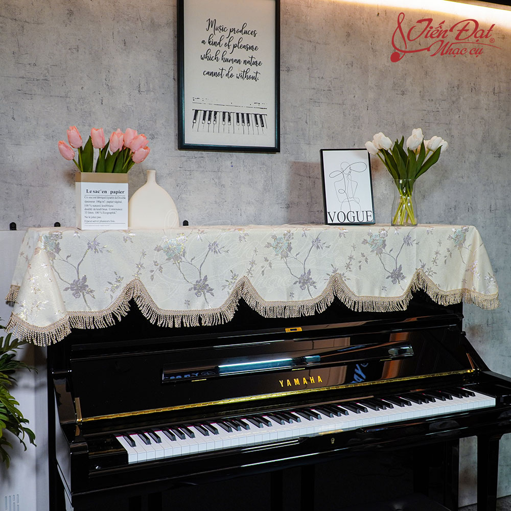 Khăn Phủ Đàn Piano Họa Tiết Hoa Phủ Kim Tuyến, Tua Rua Xoắn KU-022