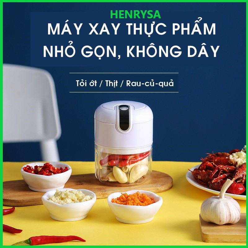 Máy Xay Mini Cầm Tay Sạc Pin Đa Năng, Xay Tỏi Ớt, Thịt, Rau Củ Quả Tặng Kèm 2 Móc Treo Đồ Nhà Bếp Đa Năng - HENRYSA - Hàng Chính Hãng