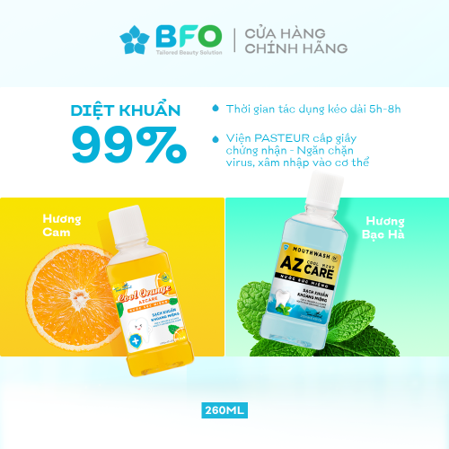 Nước súc miệng diệt khuẩn Hương Bạc Hà, ngừa sâu răng, hơi thở thơm lâu, 260ml - AZ Care Cool Mint