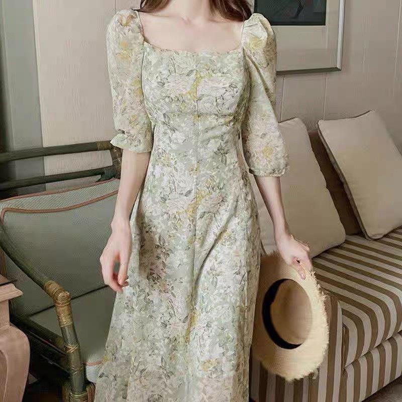 VÁY HOA XANH CỔ VUÔNG 2 LỚP VOAN TƠ