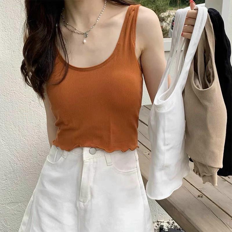 [HÀNG QUẢNG CHÂU] ÁO BA LỖ VIỀN SÓNG GÂN TĂM áo croptop sát nách CÓ ĐỆM NGỰC nhiều màu lựa chọn chất cotton thun cao cấp