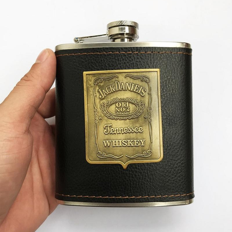 Bình đựng rượu mini inox 7oz bọc da đen Jack Daniels(210ml)