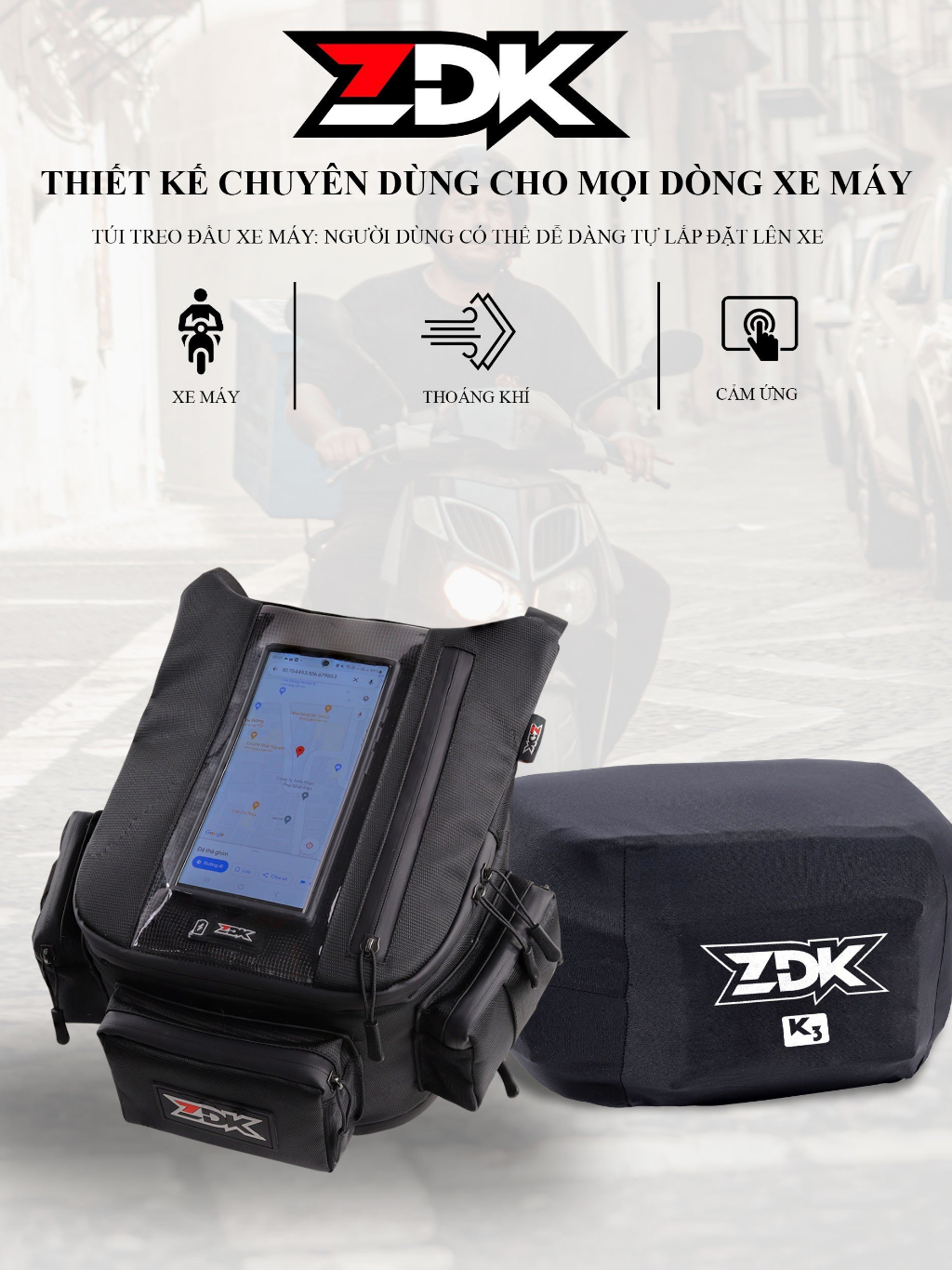 Túi treo xe máy chính hãng ZDK K3, nhiều ngăn, túi treo đầu xe, túi treo ghi đông xe máy chứa đồ dùng, cảm ứng điện thoại tốt - Hàng chính hãng