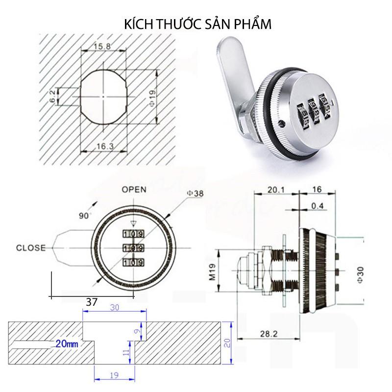 Khóa số KS9503 cho ngăn kéo bàn loại dài 20mm, tủ với 3 mã số có thể thay đổi được, bằng hợp kim