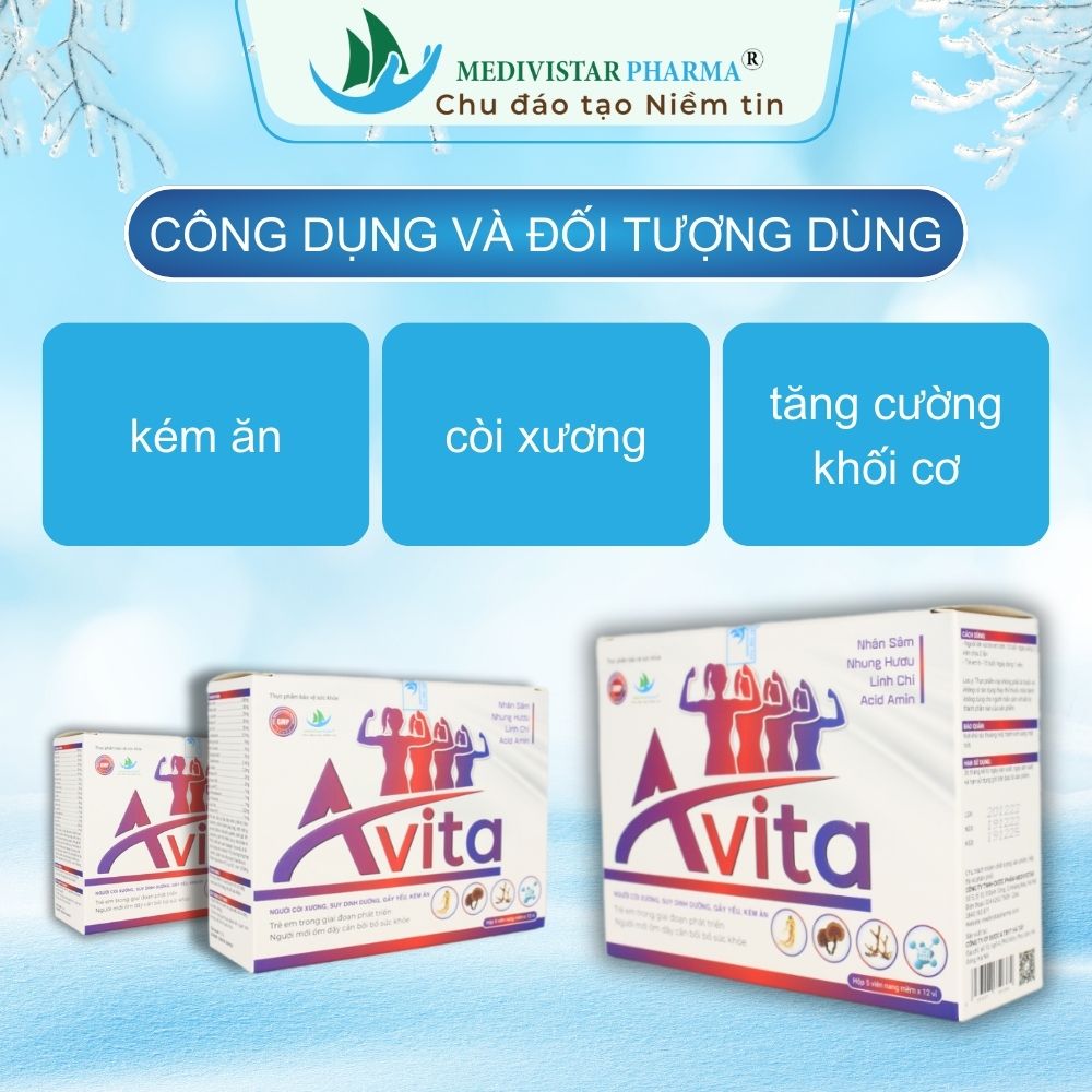 Tăng cân AVITA Medivistar Pharma (Liệu Trình 3 Hộp) cho người gầy yếu, không tích nước, hộp 60 viên