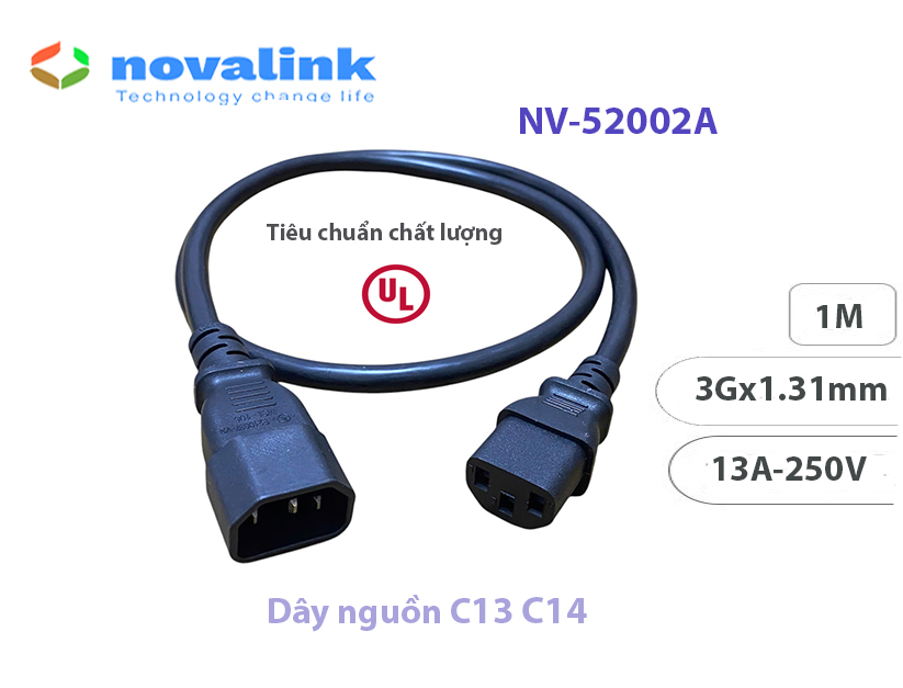 Dây nguồn C13 C14 Novalink 13A – Dài 1m/1.5m/1.8m/2m cho UPS, PDU, Server. Lõi đồng 3Gx1.31mm, chuẩn UL - Hàng chính hãng