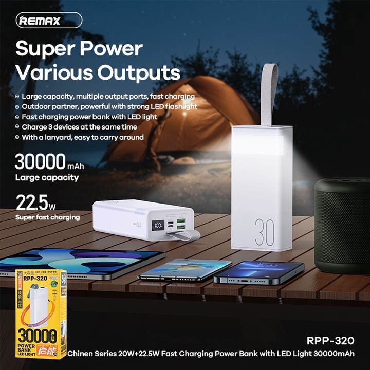 Pin Sạc Dự Phòng Sạc Nhanh Remax RPP-320 Dung Lượng 30000mAh - Hỗ Trợ Sạc Nhanh QC 22.5 và PD 20W - Sạc Nhanh 3 Thiết Bị - Hàng Chính Hãng