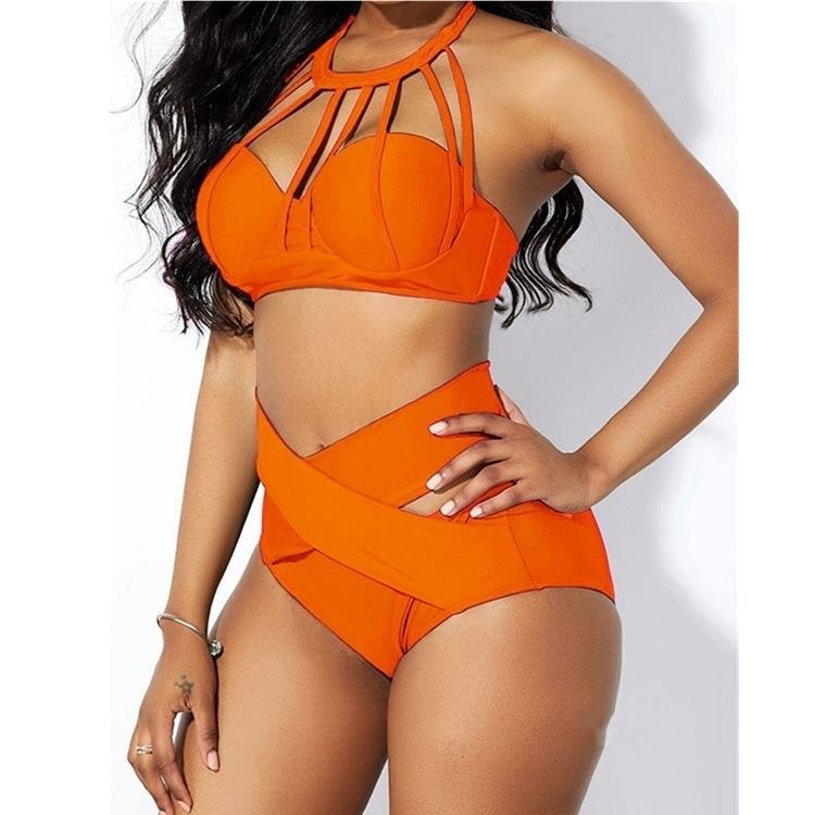 Bộ Đồ Bơi Bikini Wish Châu Âu Và Mỹ 2021 Kiểu Dáng Thể Thao Màu Trơn Cao Eo Che Bụng Sexy Buộc Dây Áo Tắm Phụ Nữ - Cam