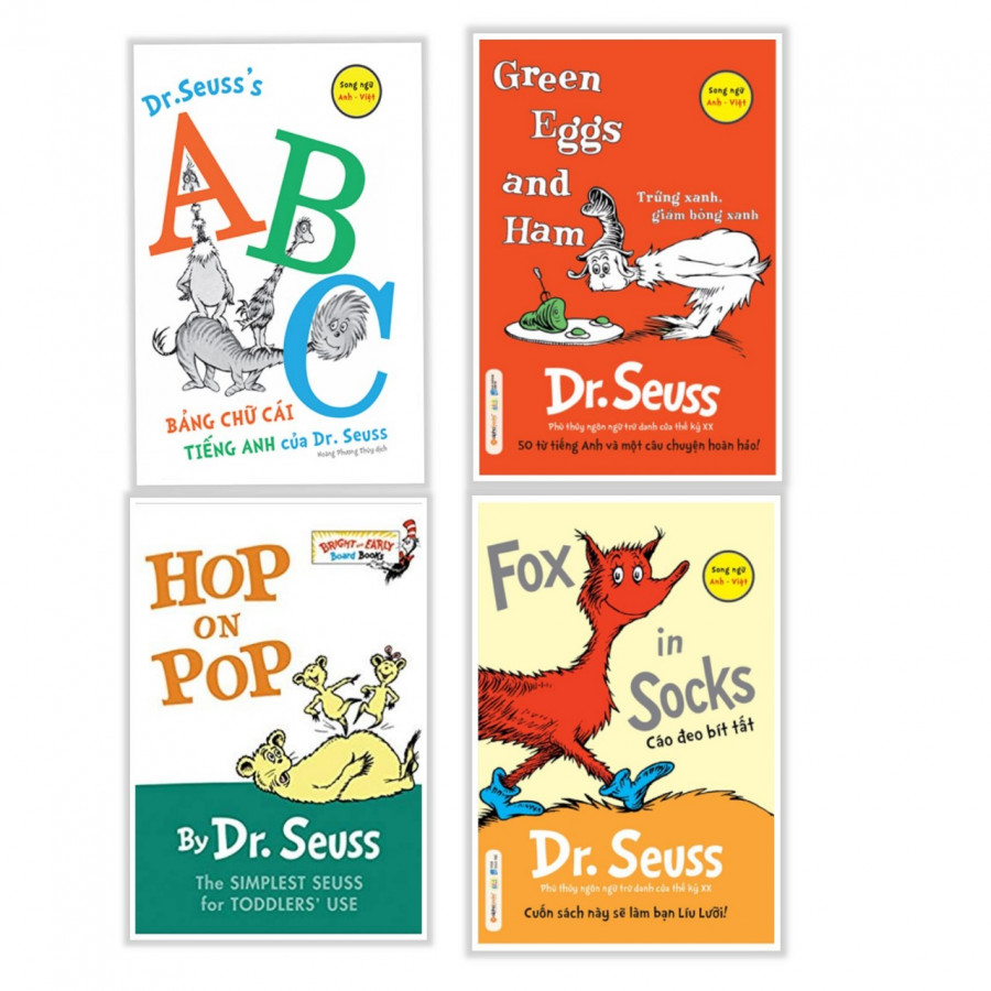 Combo sách thiếu nhi hay : ABC bảng chữ cái tiếng anh của Dr.Seuss + Green eggs and Ham + Hop on Pop + Fox in sock- Tặng kèm bookmark thiết kế