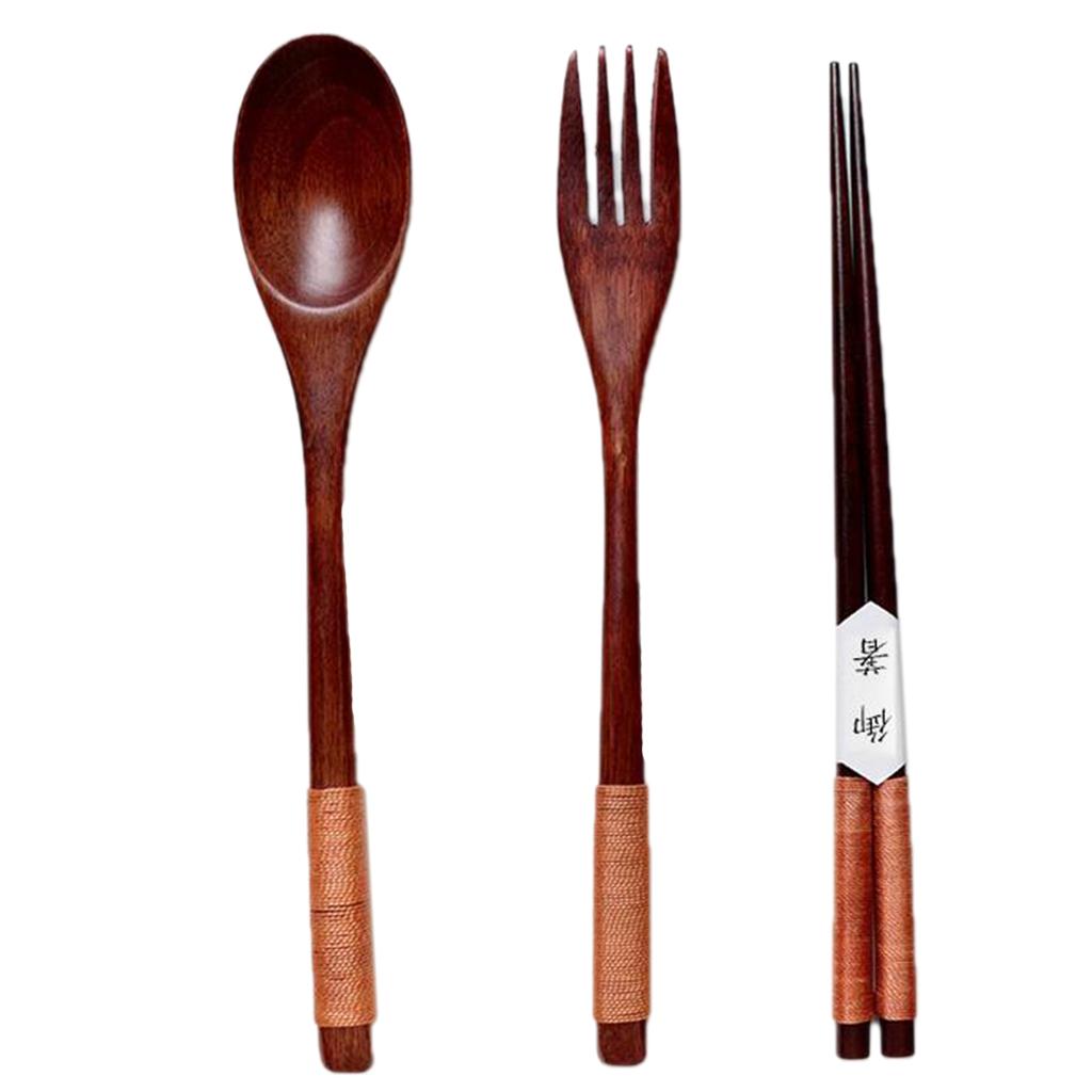 Wooden Spoon Fork Chopsticks Set, Lunch Tableware, Japanese Style