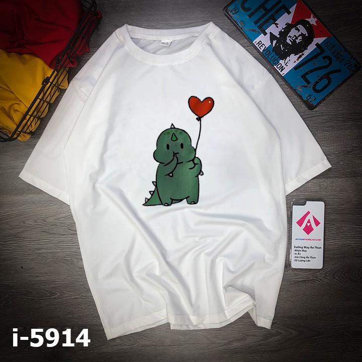 Áo Thun Unisex Màu Trắng Khủng Long Xanh Đáng Yêu
