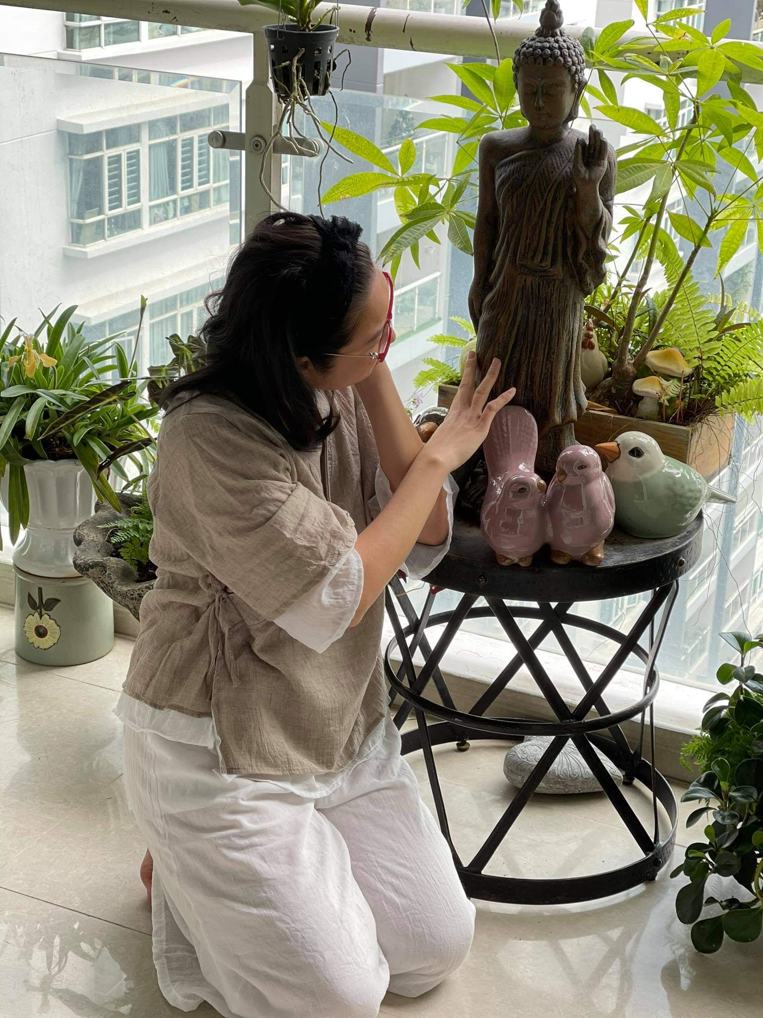 Trang phục đi lễ chùa, tập thiền &amp; yoga  nữ cổ chéo Thiền Chay 2 lớp màu be