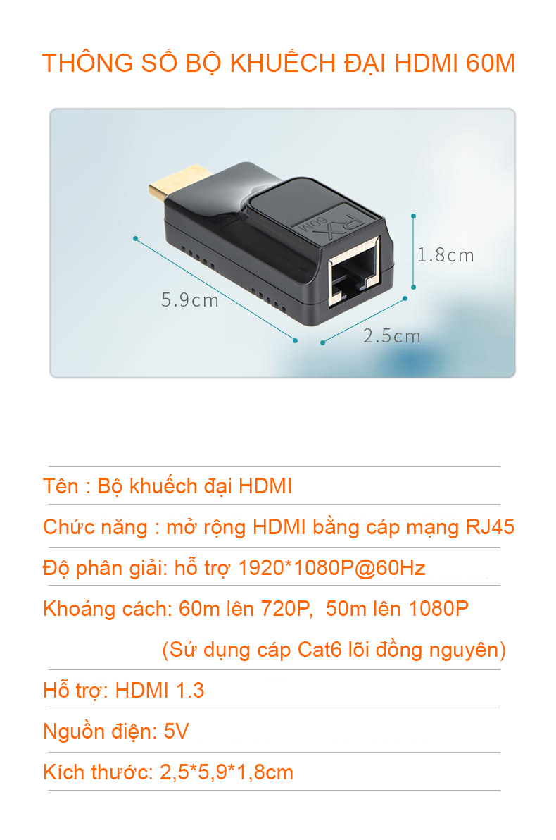 Khuếch đại kéo dài HDMI 50m mini Kéo dài đường truyền HDMI 50m chỉ với một sợi cáp mạng Cat6 dùng cho đầu ghi hình camera, máy chiếu, màn hình LED, Tivi