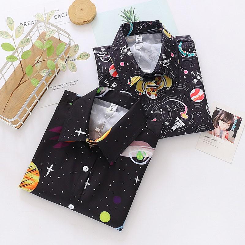 Áo Sơ Mi Dáng Rộng In Họa Tiết Bầu Trời Sao Kiểu Retro Cá Tính