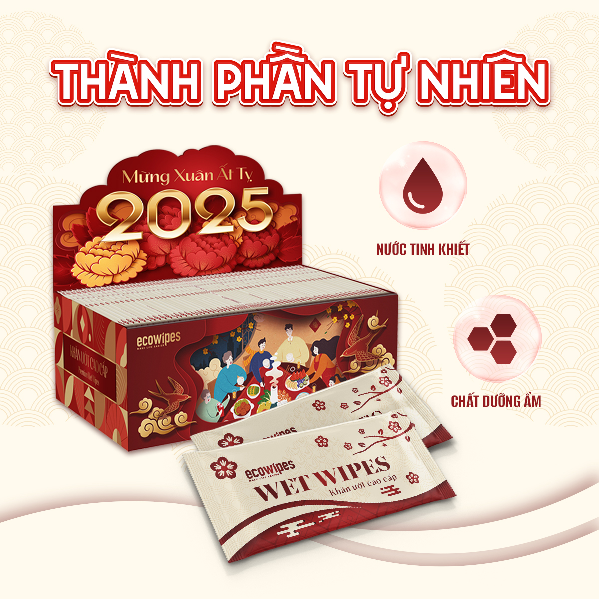Hộp 50 tờ khăn ướt cao cấp EcoWipes Tết Preminum hương thơm mát tự nhiên để bàn ăn tiếp khách