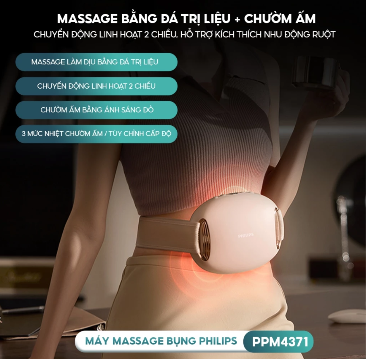 Máy Massage Bụng Philips PPM4371 - Massage Đa Năng - Chườm Ấm Ánh Sáng Đỏ - Hàng chính hãng