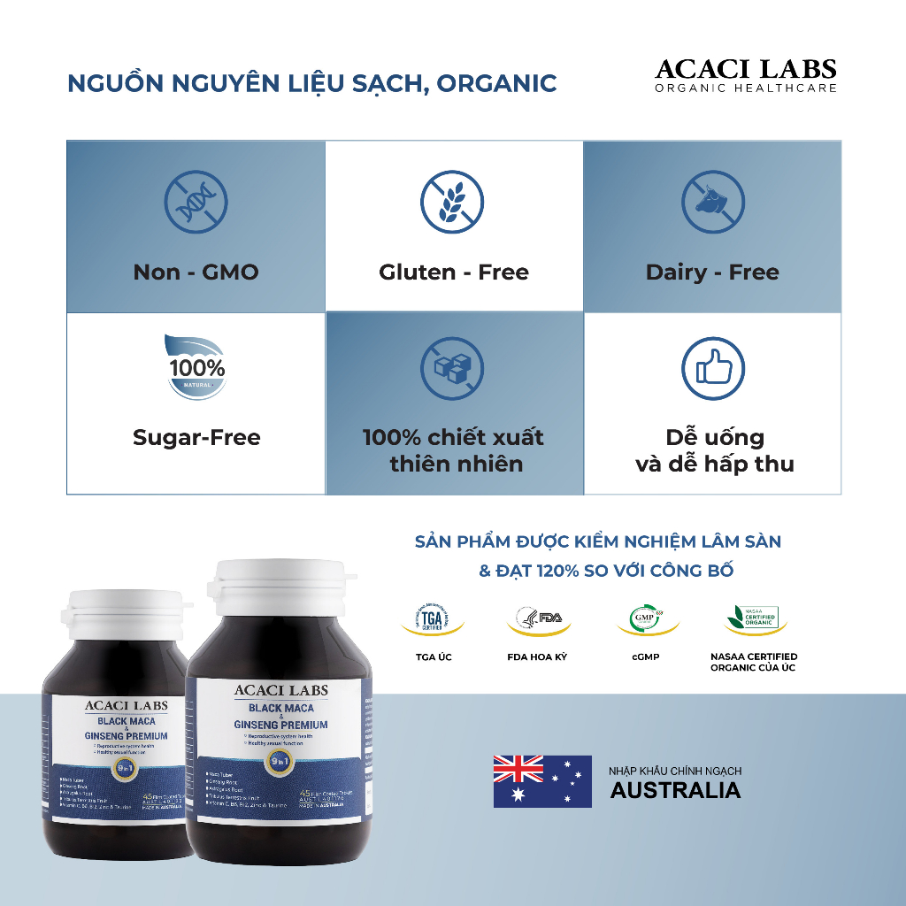 Viên uống hỗ trợ sinh lý nam Black Maca & Ginseng Prenium Acaci Labs 45 viên của Úc