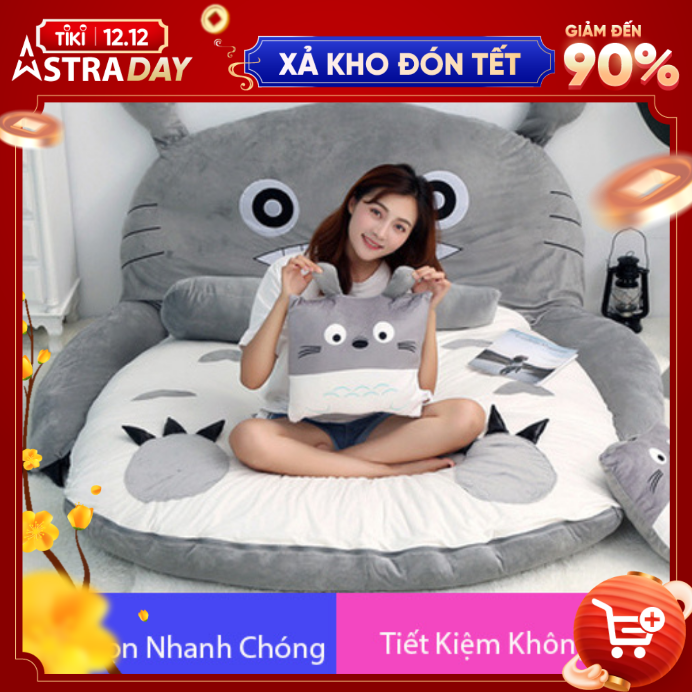 Đệm giường lười thêu hình thú xinh xắn, đệm lười totoro có khóa kéo 2 lớp dễ dàng vệ sinh