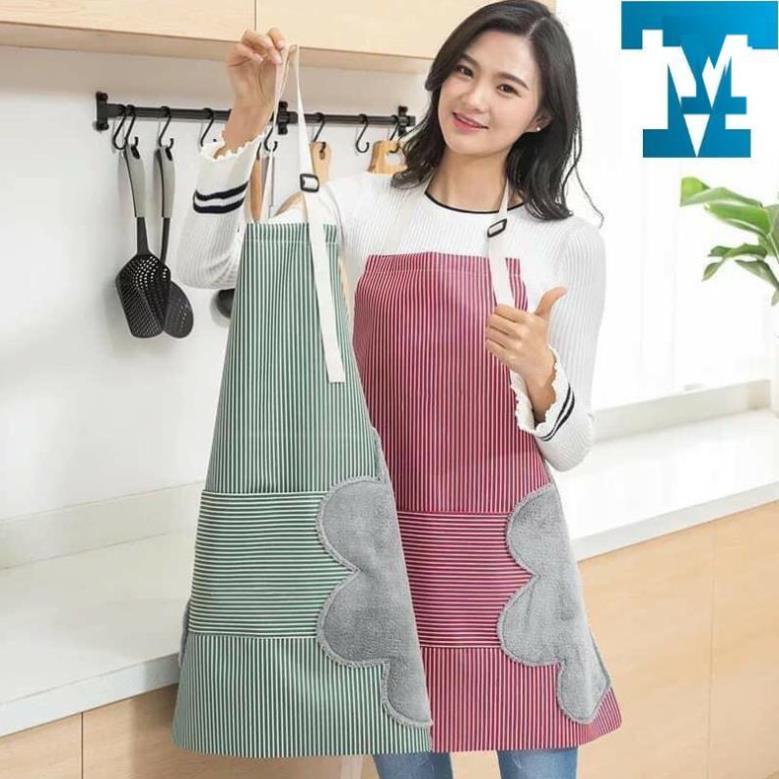 Tạp dề kẻ hoa có khăn lau tay bên hông, tạp dề chống thấm nước