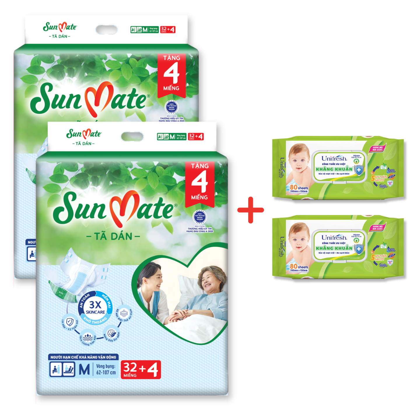 Combo 2 Tã dán người lớn Sunmate XA2 mới size M-32+4 miếng tặng kèm khăn ướt