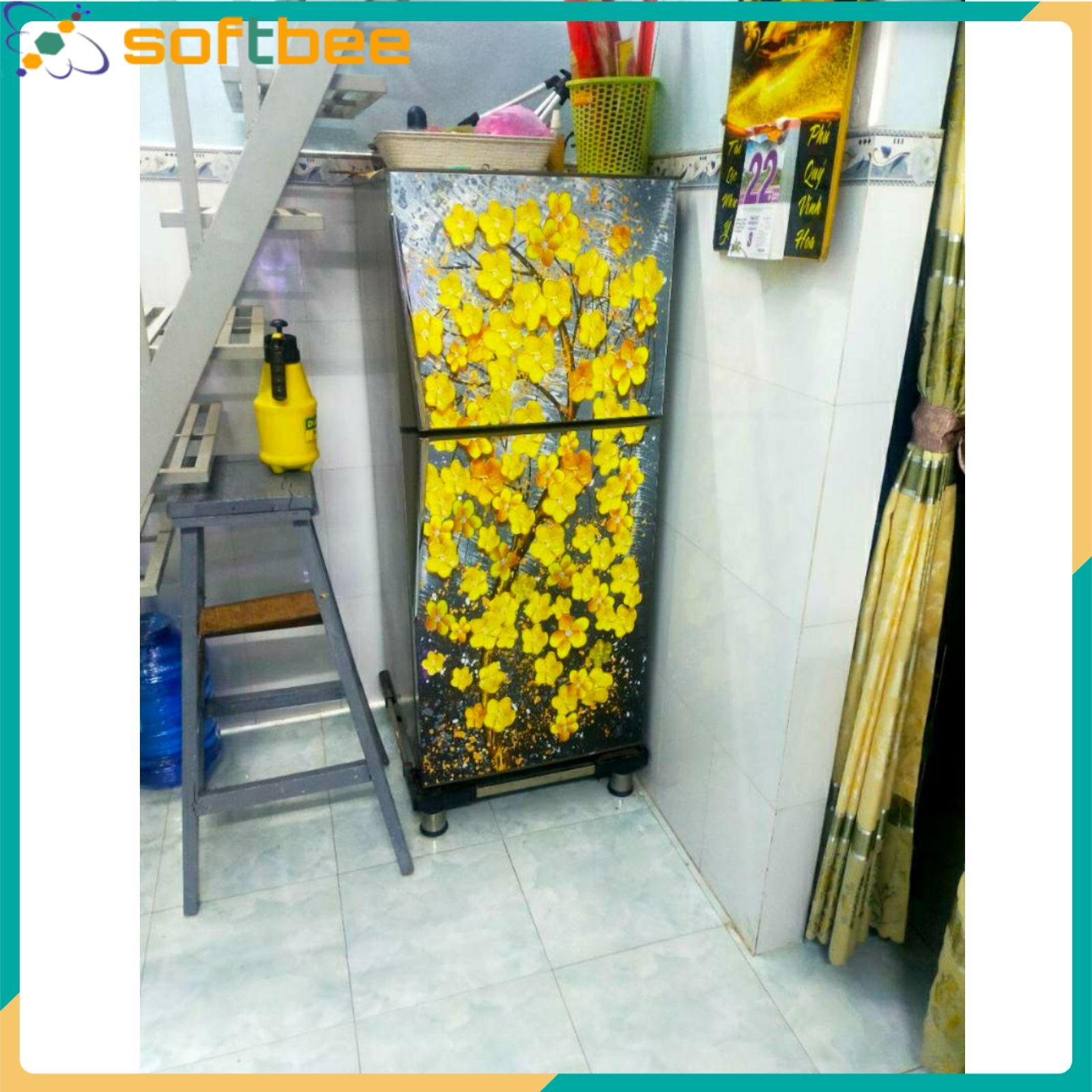 Decal dán tủ lạnh máy giặt in hình hoa mai, gồm 4 kích thước chọn lựa