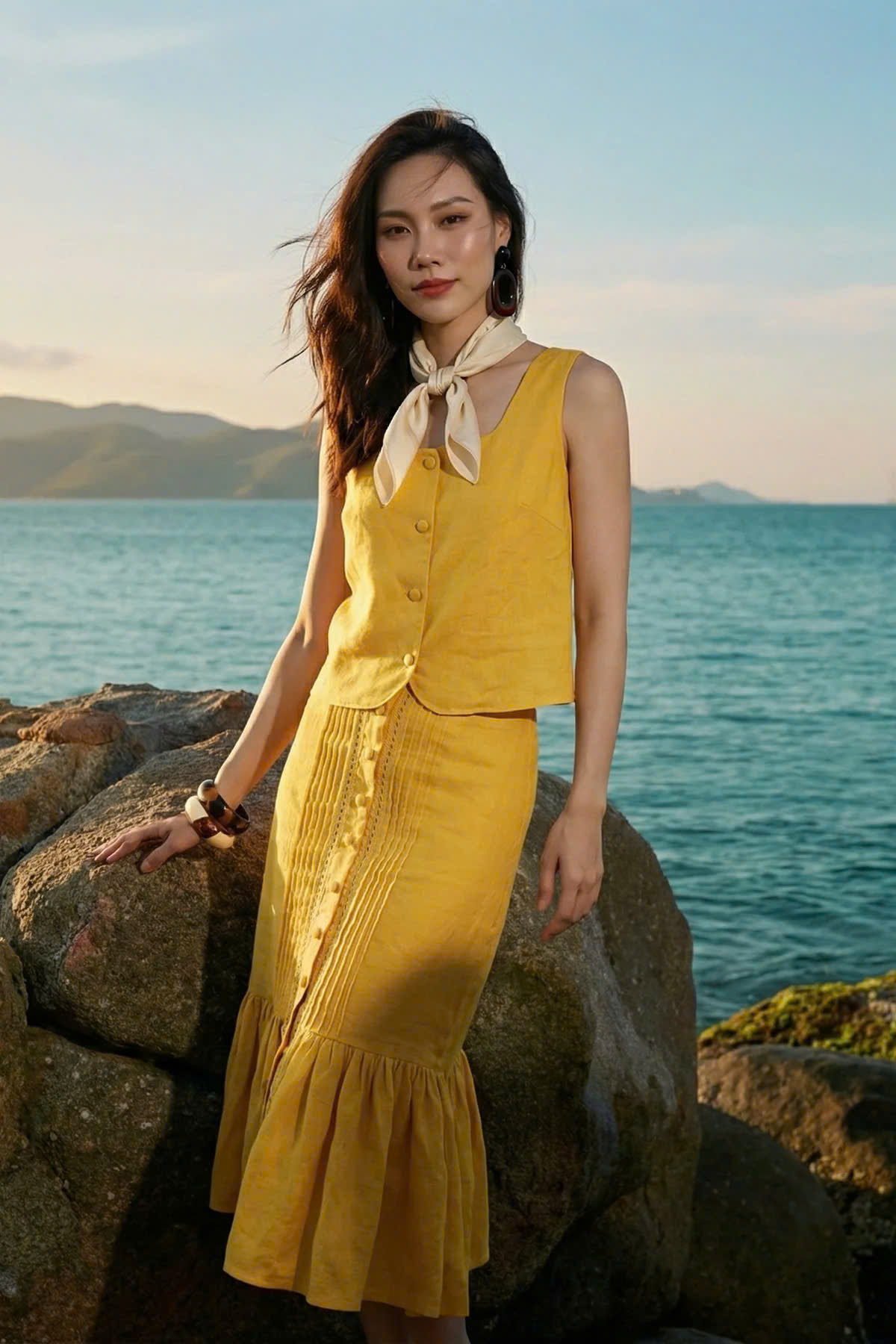 Váy Midi Lưng Thun Linen Vàng Tràng An SKI052 thời trang thiết kế Hity