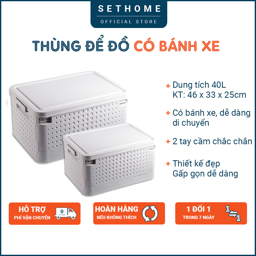 Thùng đựng đồ gấp gọn SETHOME đựng quần áo sách vở đồ chơi dung tích 36L có bánh xe