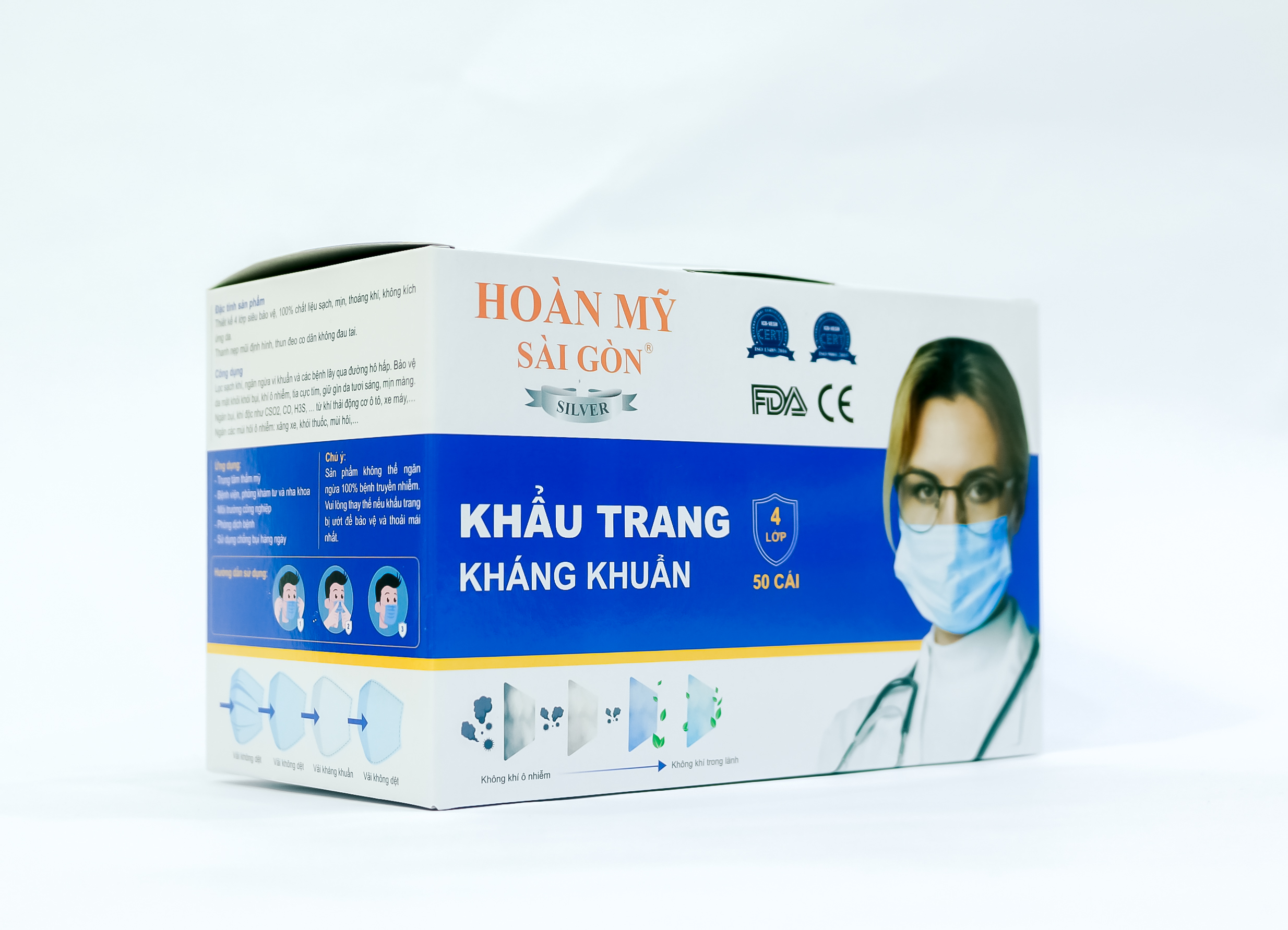 Khẩu trang y tế kháng khuẩn 4 lớp Hoàn mỹ sài gòn (Silver) 1 hộp 50 cái