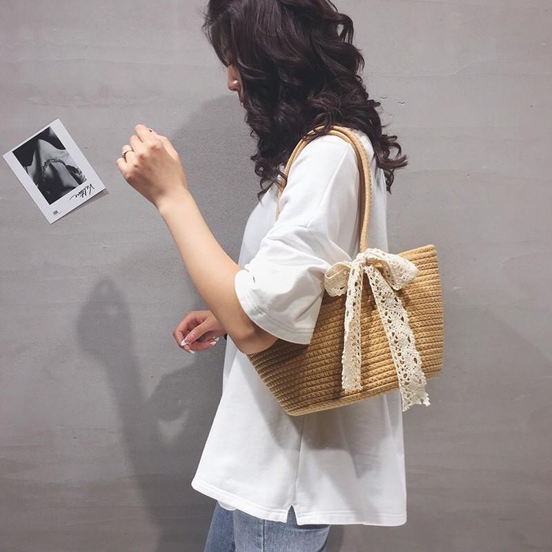 Túi Cói Sợi Dệt Nơ Ren Vintage