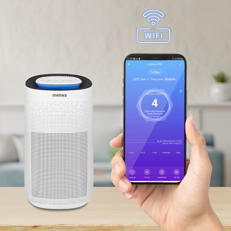 Máy lọc không khí thông minh Meliwa M60 lọc bụi mịn, kháng khuẩn hiệu quả cho không gian lớn - Hàng Chính Hãng